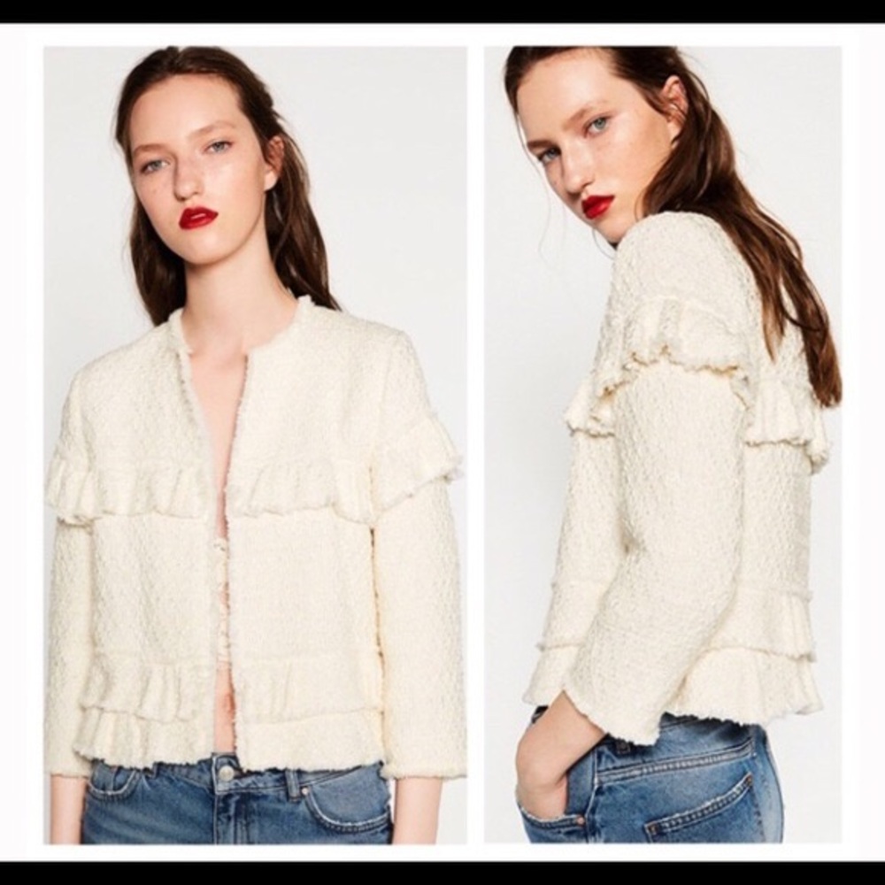 Zara White Ruffle Tweed Jacket